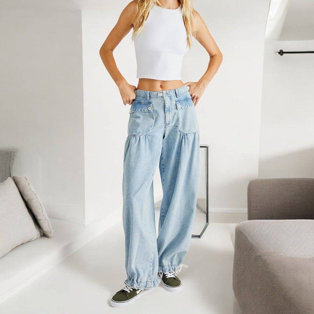 Lotus Jeans Wide Leg with Drawstring Hem -LIGHT WASH