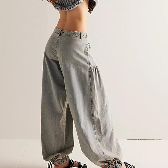 Lotus Jeans Wide Leg with Drawstring Hem -GREY WASH