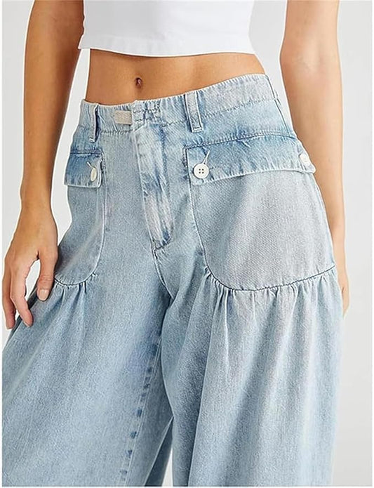 Lotus Jeans Wide Leg with Drawstring Hem -LIGHT WASH