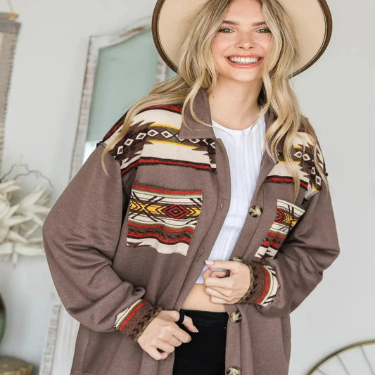 Button down long sleeved aztec fall top. www.chasethebutterlies.com